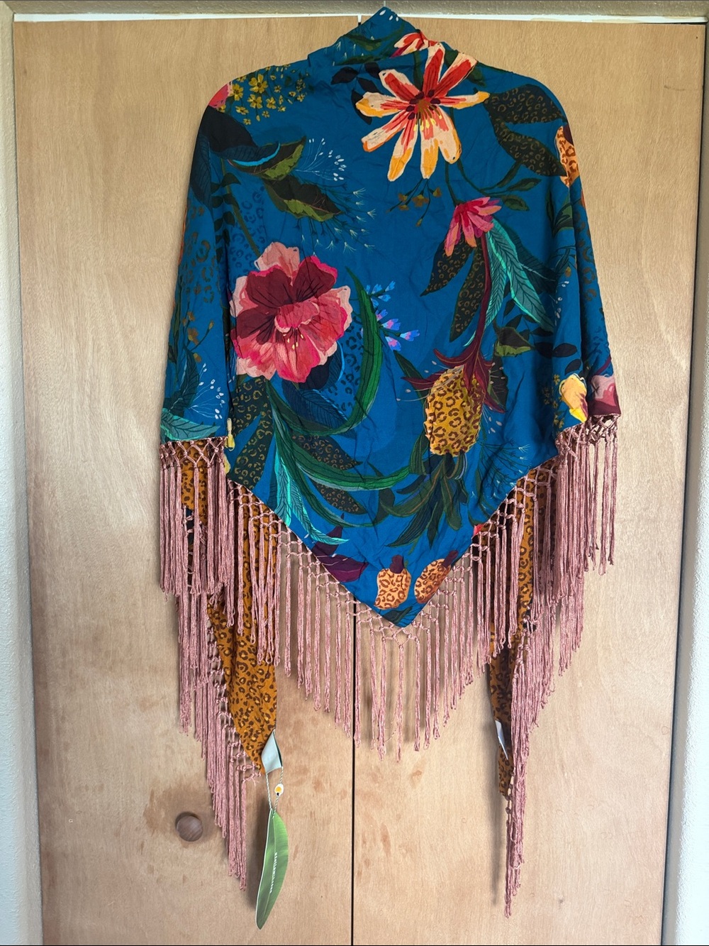 FARM Rio Mustard Leopard & Teal Floral Fringe Swim Sarong